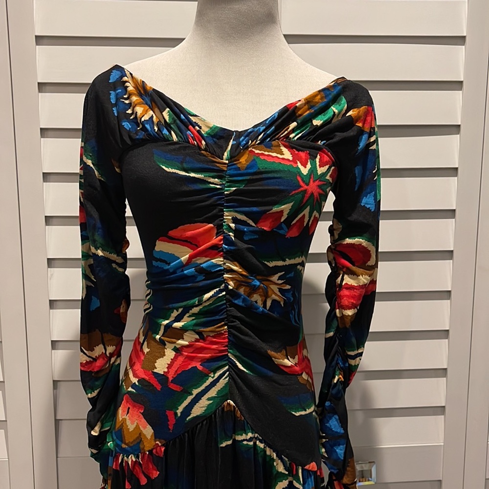 Farm Rio NWT Chevron Forest Black Jersey Dress colorful with long Sleep - Picture 5 of 12